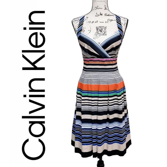 NWT CALVIN KLEIN Retro Striped Cross-back Pleated Dress SIZE S MSRP $134 - Picture 1 of 14